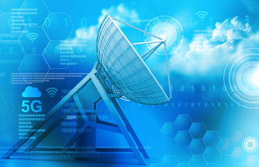 Satellite dishes on abstract communication technology background. 3d illustration.