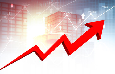 Moving red arrow graph shows successful business. 3d illustration.