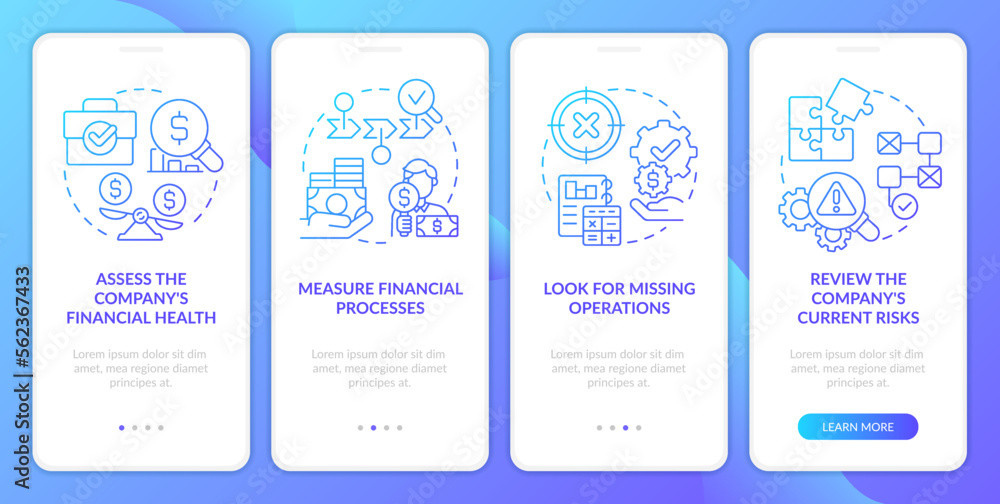 Poster determine treasury management need blue gradient onboarding mobile app screen. walkthrough 4 steps g