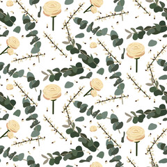A pattern of rosebuds with green eucalyptus twigs and twigs of small flowers. Delicate background for printing on paper and textiles. Printing for packaging, background for holiday cards