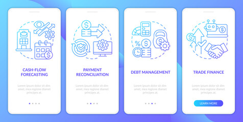 Treasury management system feature blue gradient onboarding mobile app screen. Walkthrough 4 steps graphic instructions with linear concepts. UI, UX, GUI template. Myriad Pro-Bold, Regular fonts used