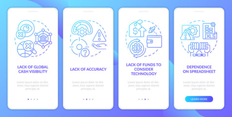 Challenges faced by treasurer blue gradient onboarding mobile app screen. Walkthrough 4 steps graphic instructions with linear concepts. UI, UX, GUI template. Myriad Pro-Bold, Regular fonts used