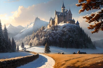 Castle in mountains  with path leading to it, nice landscape in winter, generative AI