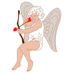 An illustration of a small cupid with a bow and arrow, which aims. a little boy with wings flies and aims love arrows at couples. The theme of Valentine's Day. Retro love