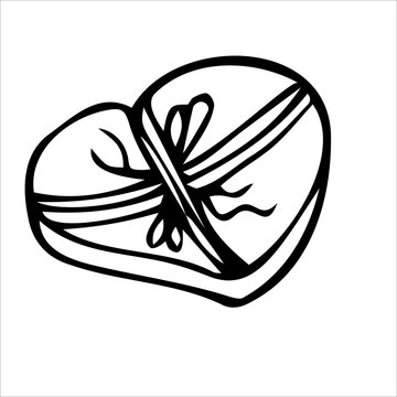 Gift box in the shape of a heart with a bow. Packed gift. Vector black-and-white hand-drawn illustration. Doodles, template design, logo, icon, layout, clipart.