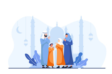 Arab Muslim happy family leisure time in afternoon or weekend. Mother Father and children get ready to pray. Spiritual event in religion concept cartoon flat vector Illustration