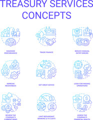 Treasury services blue gradient concept icons set. Company performance. Finance management idea thin line color illustrations. Isolated symbols. Roboto-Medium, Myriad Pro-Bold fonts used