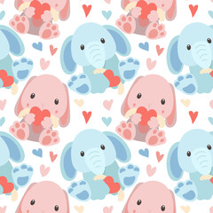 A pattern of soft toys. A blue elephant and a pink hare with toys in their hands and different poses. Pattern for printing on textiles and paper. Gift packaging for children's parties. Boys and girls