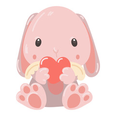 A cute stuffed rabbit in the paws of a heart with wings. A soft toy of a pink rabbit as a gift for Valentine's Day. A gift for your loved ones. A kind toy for children in delicate shades. Cartoon