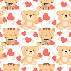 A pattern of soft toys. Beige bear and tiger with toys in their hands and different poses. Pattern for printing on textiles and paper. Gift packaging for children's parties. Pattern for boys and girls