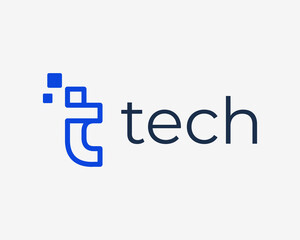 Letter T Pixel Digital Technology Innovation Modern Simple Line Art Linear Vector Logo Design