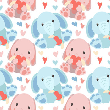 A pattern of soft toys. A blue elephant and a pink hare with toys in their hands and different poses. Pattern for printing on textiles and paper. Gift packaging for children's parties. Boys and girls