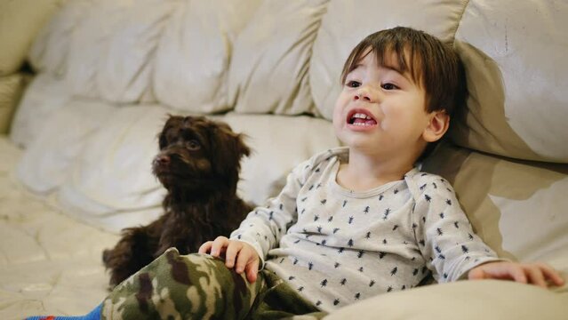 The baby emotionally watches TV, grimaces and gestures. A puppy sits next to him