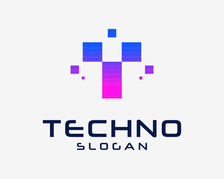 Letter T Pixel Digital Technology Particle Square Innovation Simple Modern Vector Logo Design