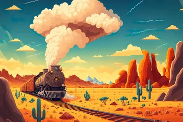 Cercles muraux Vert bleu railway sabotage western scene tnt dynamite with burning fuse laying on railroad sleepers and bomb explosion at wild west nature landscape with desert under overcast sky cartoon image Generative AI
