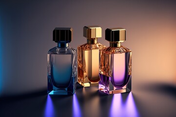 Collection of transparent multi color glass perfume bottles on a light background. Art composition still life. Stylish parfumerie banner. Generative AI. - obrazy, fototapety, plakaty