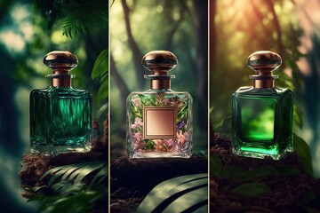 Collection of transparent multi color glass perfume bottles on a green background. Art composition still life. Generative AI.