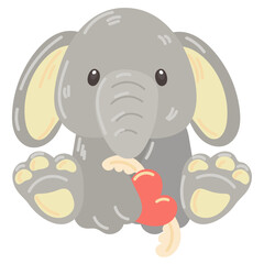Cute stuffed elephant in paws heart with wings. A soft toy gray elephant as a gift for Valentine's Day. A gift for your loved ones. A kind toy for children in delicate shades. Cartoon illustration
