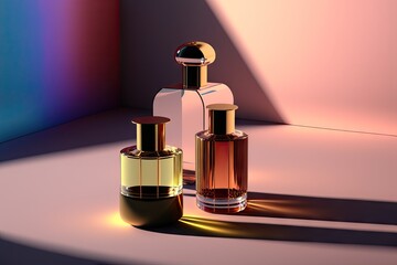 Collection of transparent multi color glass perfume bottles on a light background. Art composition still life. Stylish parfumerie banner. Generative AI. - 562368488