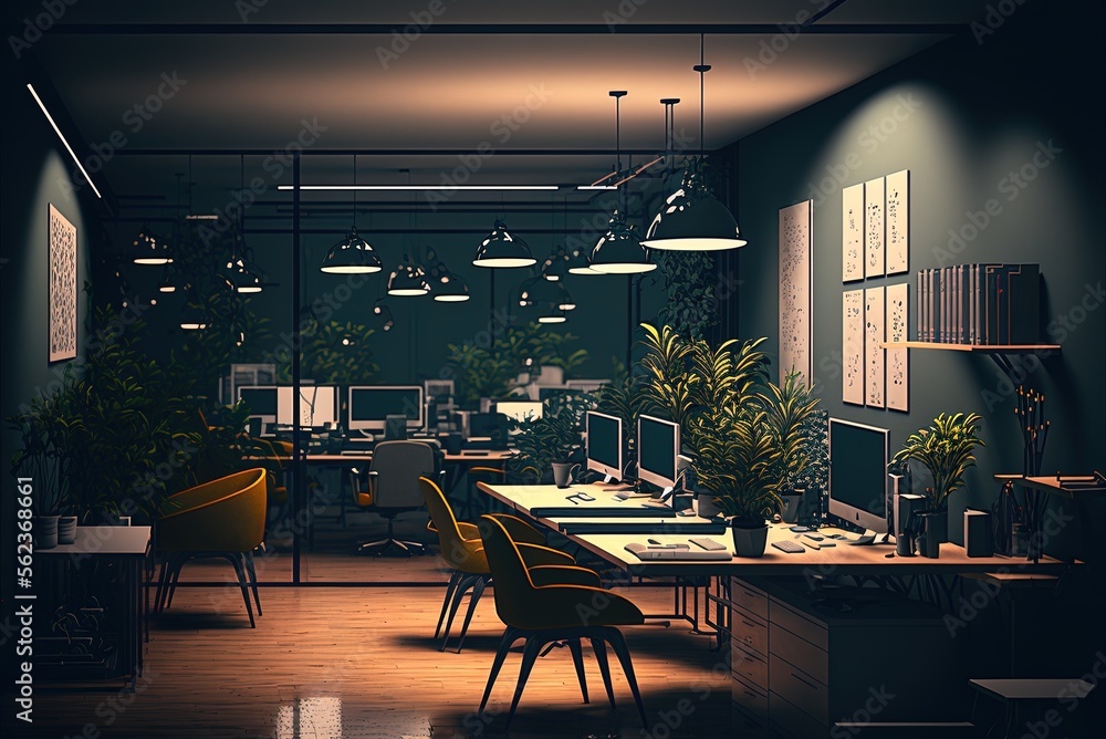 Poster shared office space open late internal location of employment generative ai