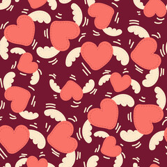 A pattern of cute plush hearts with wings. A soft toy heart as a gift for Valentine's Day. A gift for your loved ones. Gift wrapping for the holiday of the day of the beloved. Cartoon vector