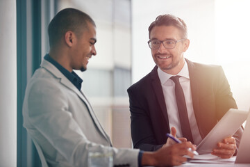 Business men, planning and tablet while talking about corporate strategy, partnership and idea. Male team in management meeting discussion and online for finance growth, innovation and development