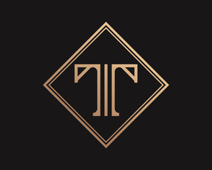 Letter T Elegant Luxury Gold Classic Vintage Line Art Minimalist Rhombus Frame Vector Logo Design