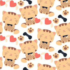 Pattern of soft toys. A beige tiger with a toy in his hands and in different poses. Background for printing on textiles and paper. Gift packaging for children's parties. Background for boys and girls