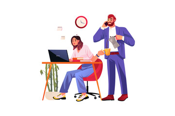 Workflow in office concept with people scene in flat design. Man and woman work together in office, colleagues support each other and doing tasks. Illustration with character situation for web