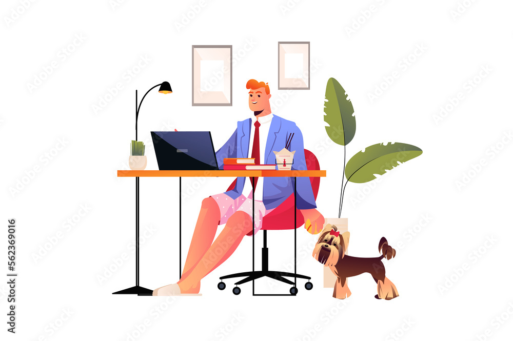 Poster work from home concept with people scene in flat design. man making tasks remotely on laptop and is 