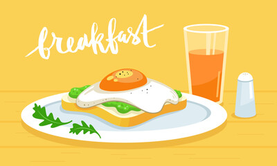 Favorite breakfast. Sandwich, toast with avocado and fried egg on a plate, greens, a glass of orange juice. Side view. Hand drawn lettering Breakfast. Detailed light vector illustration.