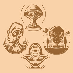 Aliens head face vector objects and design elements sketch style isolated on brown background
