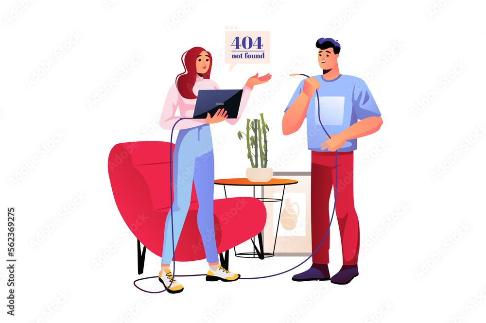 Poster 404 not found concept with people scene in flat design. man and woman works on laptop and can't conn