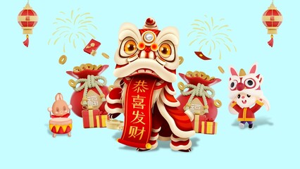 3d Lion dance scene design. Composition of fortune bag, greeting scroll, gift boxes and cute rabbit playing lion dance. Promotional sale banner concept. (Text translation : Happy new year)