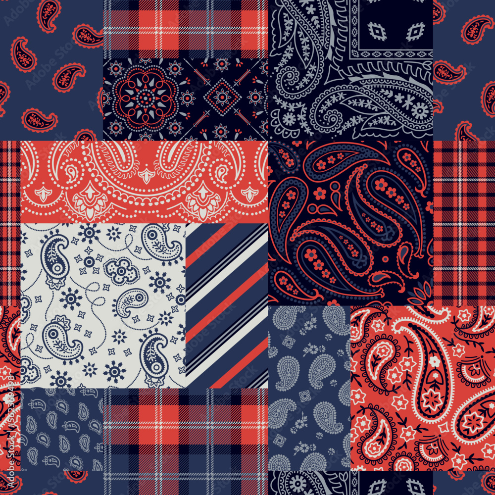 Wall mural bandana paisley and tartan plaid fabric patchwork abstract vector seamless pattern