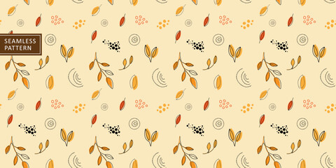 Delicate vector seamless pattern on a beige background with yellow and orange leaves and branches