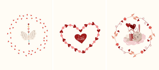 Beautiful compositions with flower wreaths and a cute rabbit sleeping on a cloud, boho wings, and a heart. Bright illustrations for greeting cards, posters, banners. Vector.