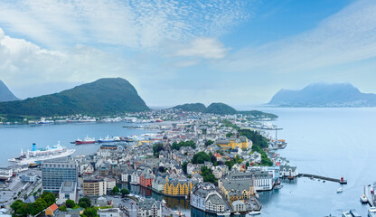 Alesund town (Norway) summer cloudy view from above. 