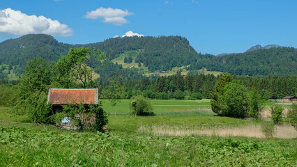 Bergpanorama mit altem Holzhäuschen bei Oberstdorf im Sommer