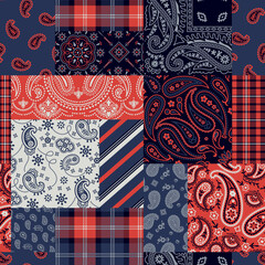 Bandana paisley  and tartan plaid fabric patchwork abstract vector seamless pattern