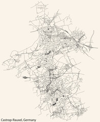 Fototapeta na wymiar Detailed navigation black lines urban street roads map of the German town of CASTROP-RAUXEL, GERMANY on vintage beige background