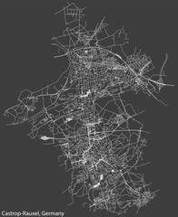 Detailed negative navigation white lines urban street roads map of the German town of CASTROP-RAUXEL, GERMANY on dark gray background