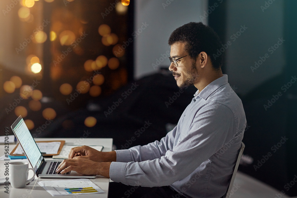 Poster businessman, laptop and typing with smile for research, analysis or web design on desk at the office