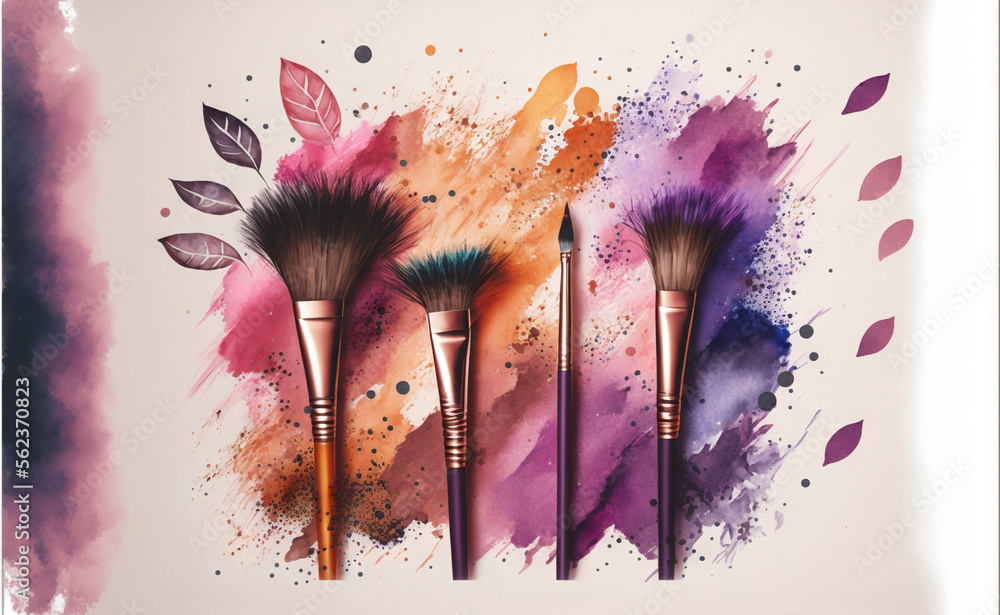 Poster a group of brushes with different colors on a white background with a splash of paint on it and a le