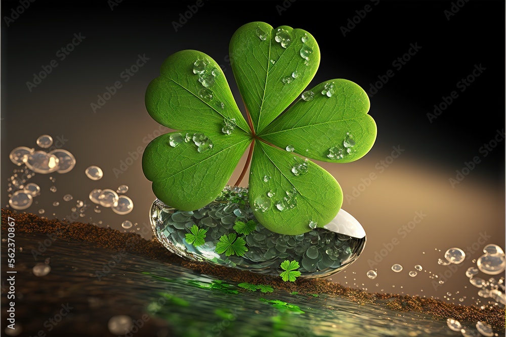 Poster a four leaf clover is floating in a bowl of water with bubbles around it and a black background behi