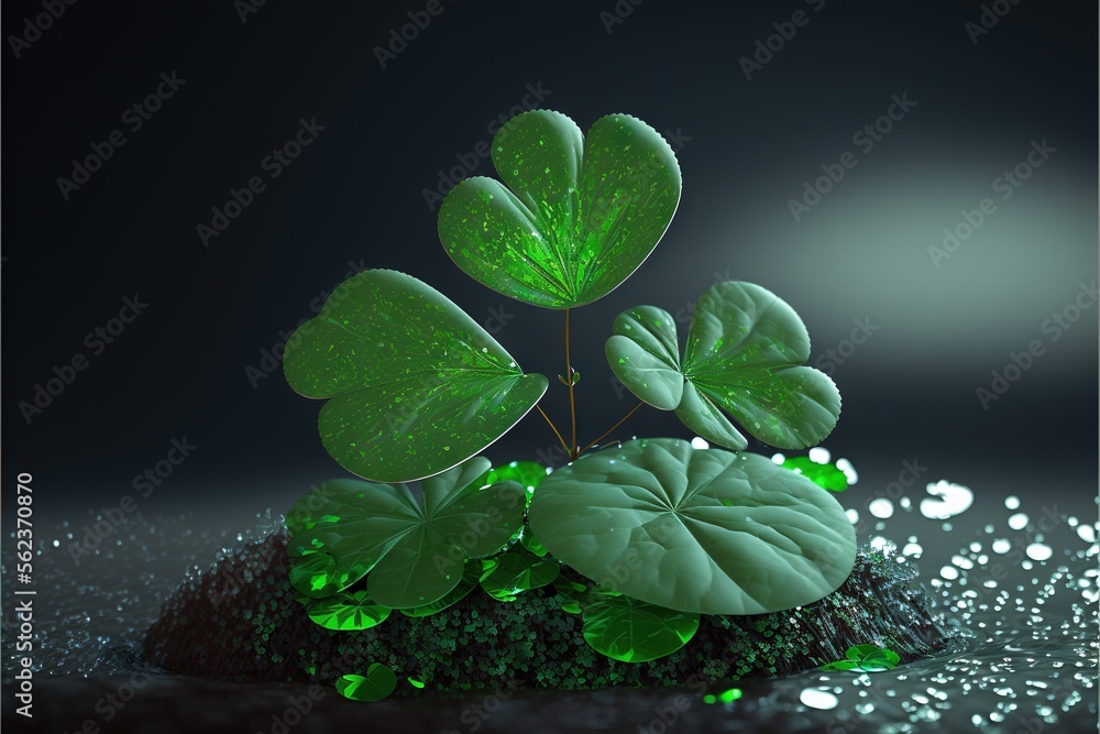 Aufkleber a plant with leaves on a rock with water droplets on it and a black background with a green glow on 
