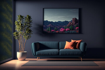 Interior of cozy modern living room with sofa against blank, dark blue wall Generative AI