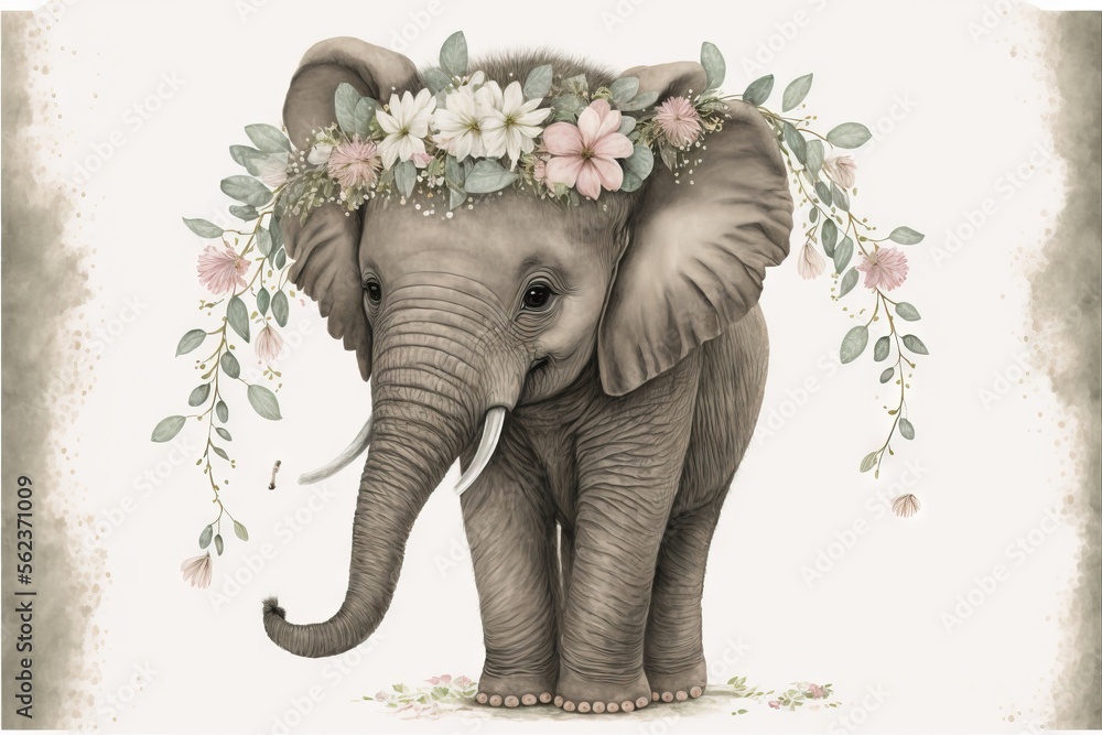 Aufkleber a picture of an elephant with a flower crown on its head and a white background with a border of flo