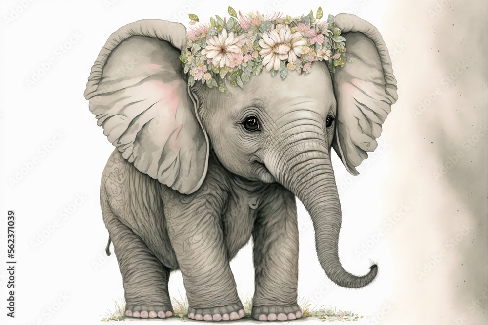 Aufkleber a drawing of an elephant with a flower crown on its head and tusks on its back, standing in front of
