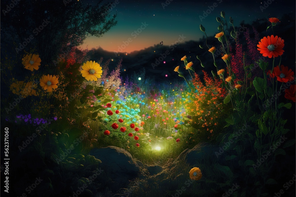 Poster a painting of a garden with flowers and a light at the end of the tunnel of flowers and a path leadi